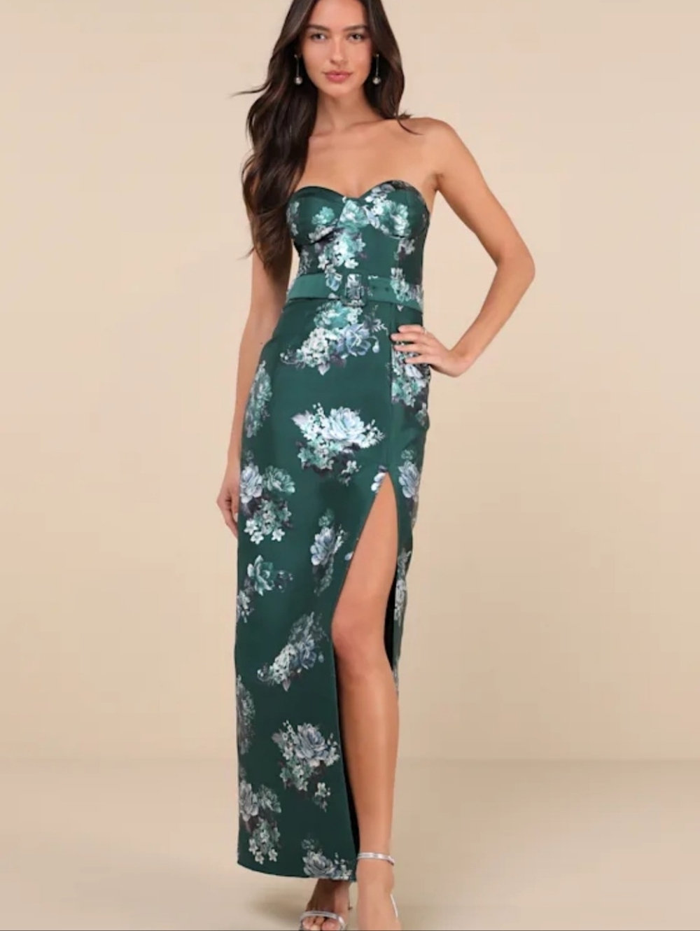 Luxe Sweetie Emerald Floral Taffeta Belted Strapless Maxi Dress